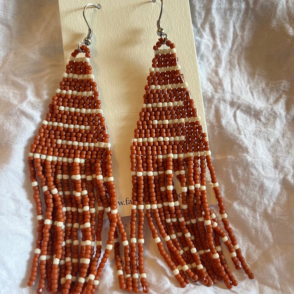 Fair Trade/Handmade Brown and White Beaded Fringe Earrings